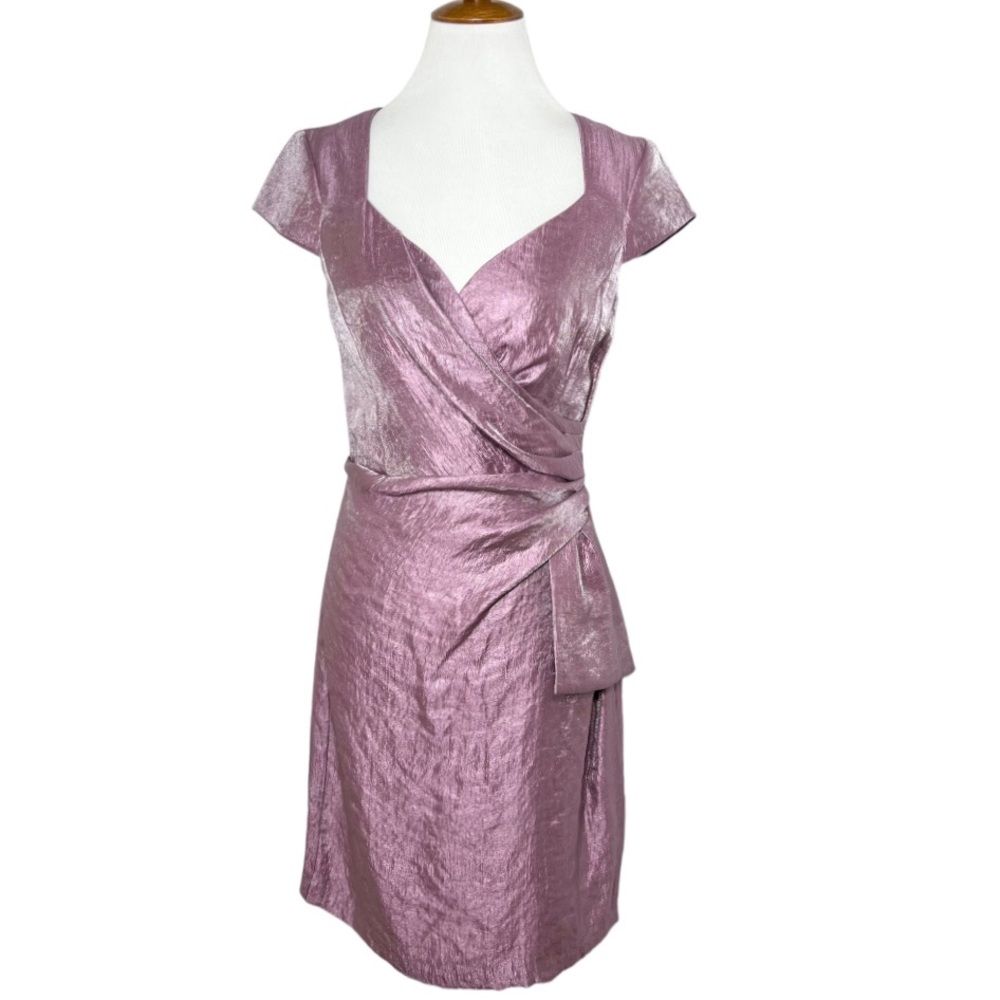 NWT London Times Shimmer Purple Side Drape Short Sleeve Sheath Cocktail Dress